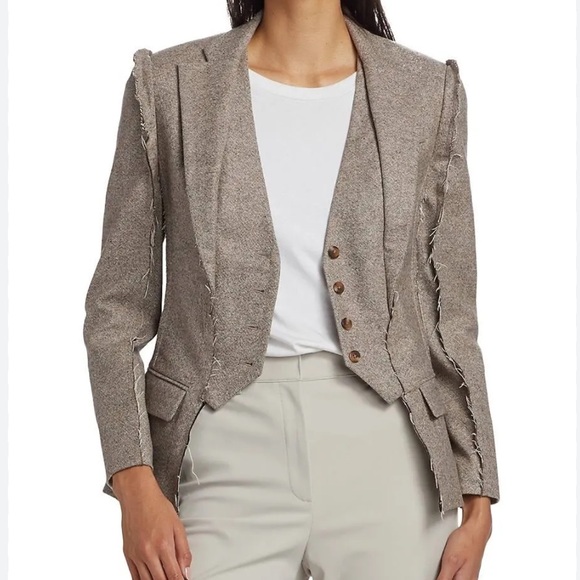 New R13 Fray Seam Flat Sleeve Merino Wool Blazer In Oatmeal Size Large - Picture 12 of 13